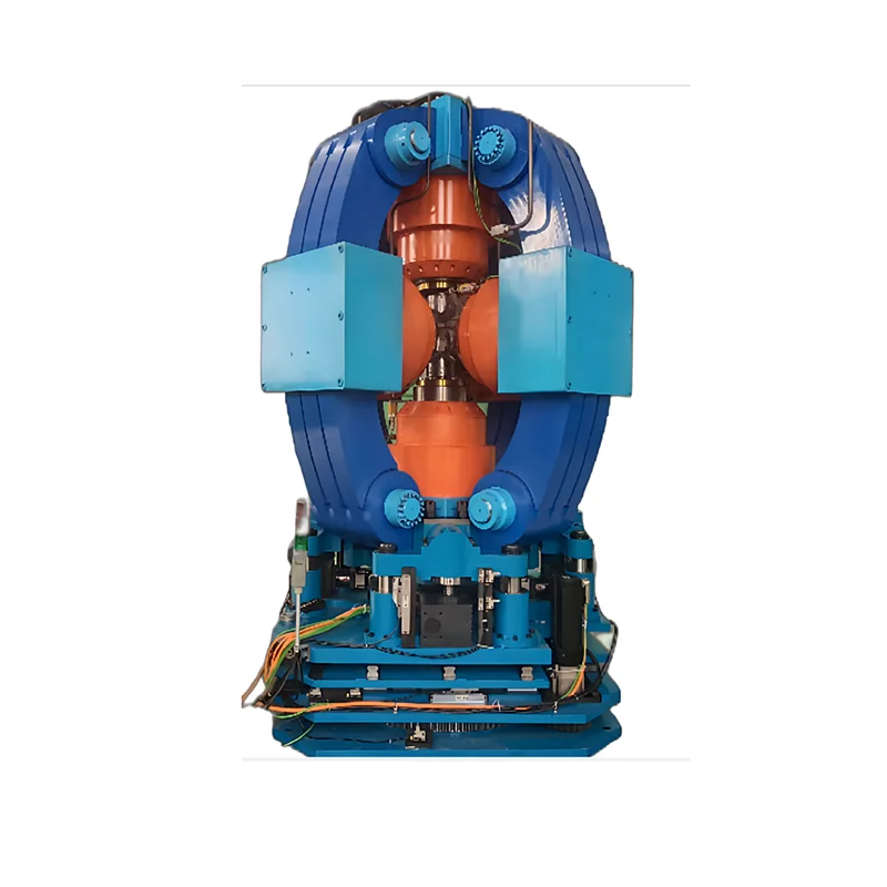 Front view showing the six-anvil geometry of a cubic hydraulic press