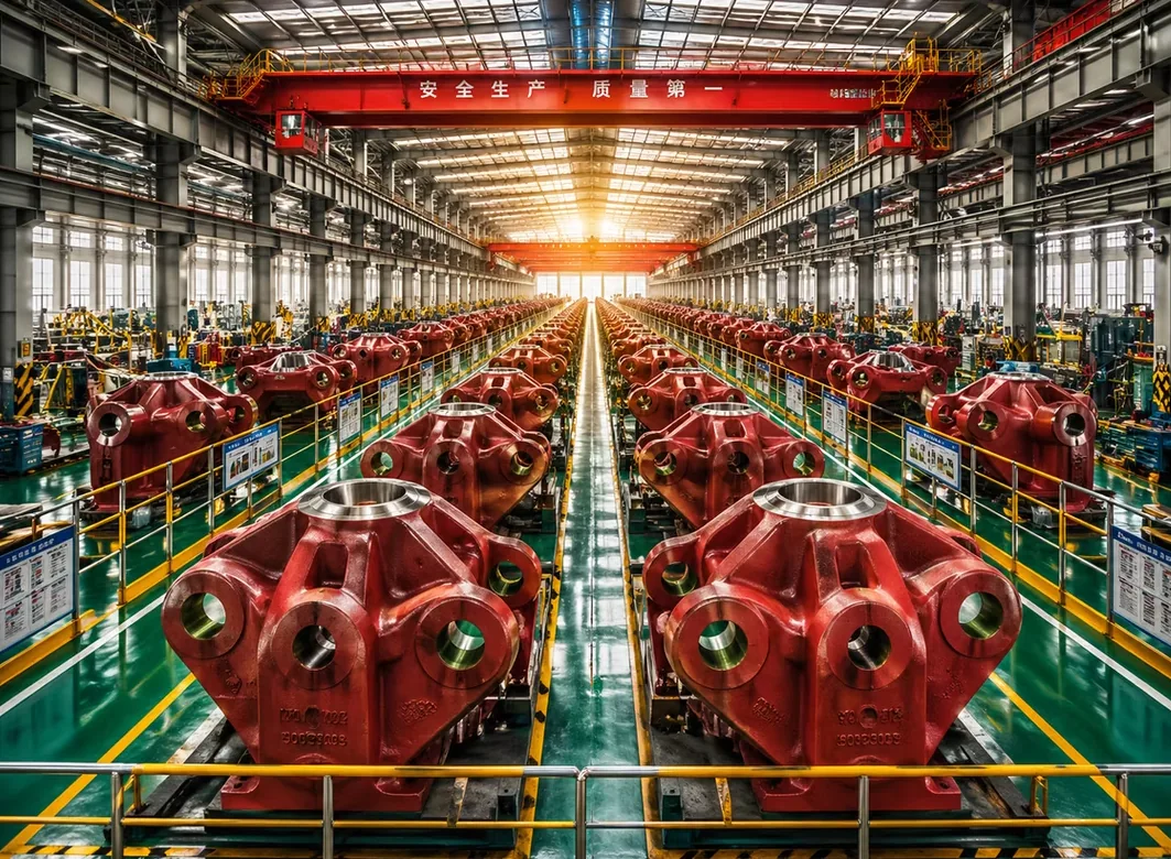Large production hall with multiple cubic hydraulic presses
